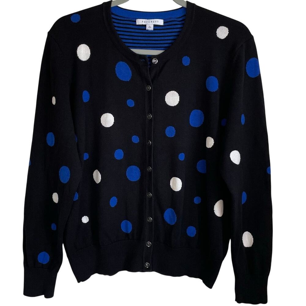 Foxcroft Cardigan Sweater Sz PXL Polka Dots Button Front Black Blue Whimsical